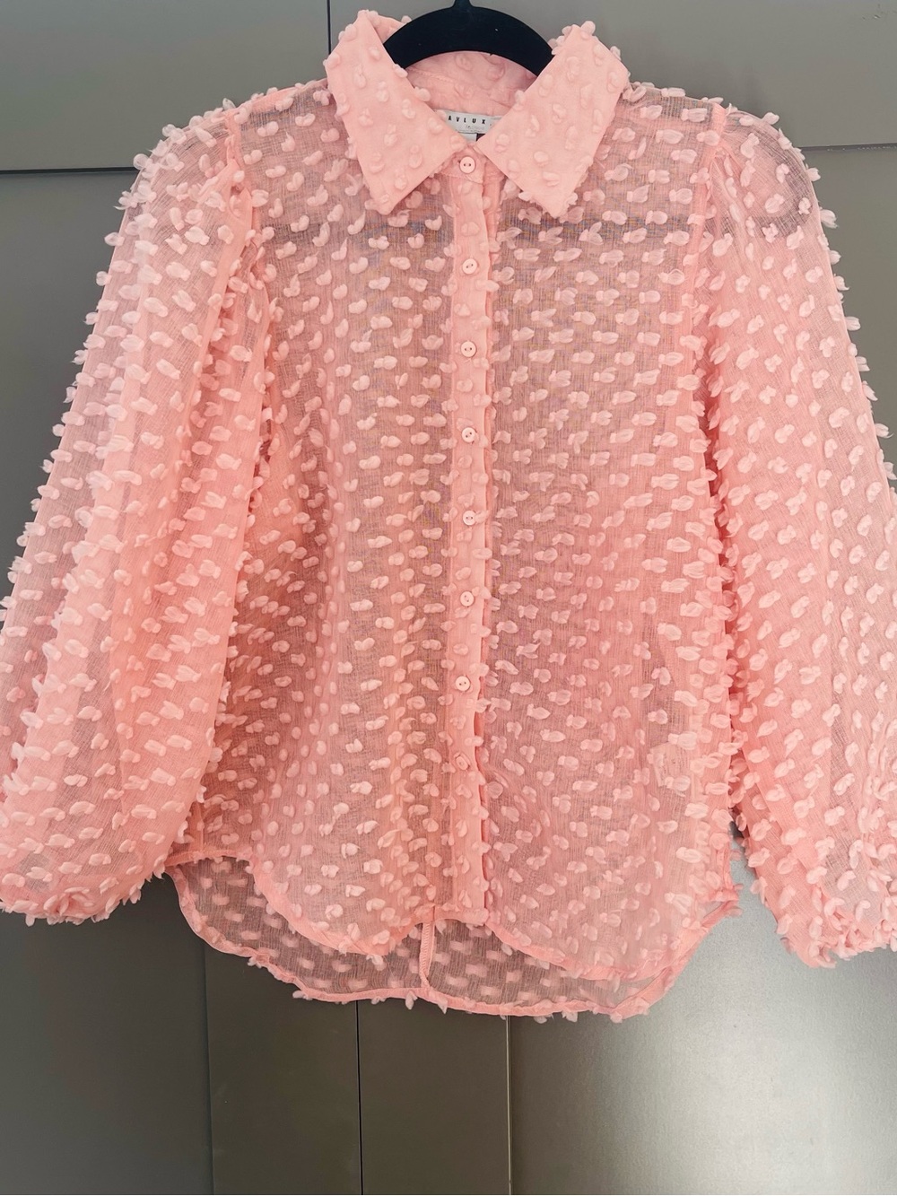 FAVLUX Fashion Semi Sheer Pink Textured Button-Up Blouse.